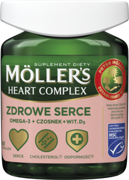 Möller's Heart Complex, ciemnozielona butelka, front, suplement diety na serce z Omega-3, czosnkiem, wit. D3.