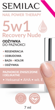 Semilac 5w1 Recovery Nude odżywka do paznokci 7ml, butelka z beżowym płynem, trzymana w dłoni, front.