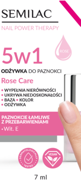 Semilac 5w1 Rose Care odżywka do paznokci, dla łamliwych, wit. E, biało-różowe opakowanie, widok z przodu, 7ml.