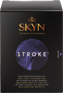 Czarne pudełko SKYN Stroke Male Self-Pleasure Egg z fioletową, falistą grafiką i złotym logo marki, widok z przodu.