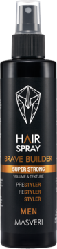 Czarny spray do włosów Masveri Brave Builder Men, super mocny, dla objętości i restylizacji, widok z przodu.