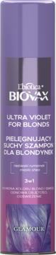 L'biotica Biovax Ultra Violet, fioletowy suchy szampon 3w1 dla włosów blond, widok butelki z przodu.