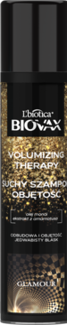 L'biotica BIOVAX suchy szampon Volumizing Therapy, czarna butelka ze złotym brokatem, widok z przodu.