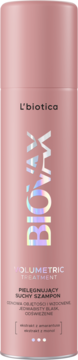 Różowa butelka L'biotica Biovax Volumetric suchy szampon pielęgnujący, holograficzne logo, widok z przodu.
