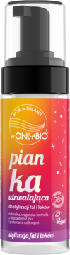 OnlyBio Hair in Balance pianka utrwalająca do fal i loków, butelka z pompką, widok z przodu, gradientowa.