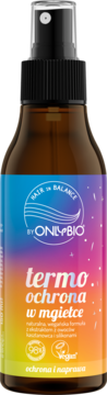 Onlybio Hair in Balance termoochrona w mgiełce, brązowa butelka z kolorową gradientową etykietą, widok z przodu.