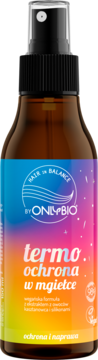 OnlyBio Hair in Balance termoochronna mgiełka do włosów, brązowa butelka z gradientową etykietą, widok z przodu.