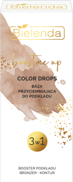 Bielenda Color Drops 3w1 baza przyciemniająca do podkładu, białe opakowanie z złoceniami, widok z przodu.