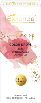 Bielenda Color Drops 3w1 płynny róż do policzków, oczu i ust, białe opakowanie z różową plamą akwareli.
