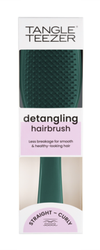 Zielona szczotka Tangle Teezer detangling hairbrush w białym opakowaniu, widok z przodu, dla włosów prostych-kręconych.