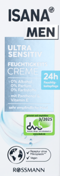 ISANA MEN Ultra Sensitiv krem nawilżający 24h, do skóry wrażliwej, białe opakowanie, widok z przodu.