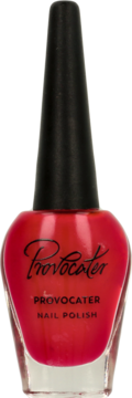 Czerwony lakier do paznokci Provocater w butelce z czarną nakrętką, widok z przodu. Napisy: Provocater, Nail Polish.