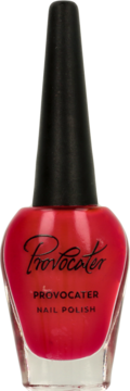 Czerwony lakier do paznokci Provocater w butelce z czarną nakrętką, widok z przodu. Napisy: Provocater, Nail Polish.