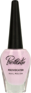Provocater Translucent nail polish: light pink, semi-transparent, triangular bottle with a black cap, front view.