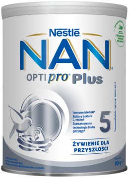 Biało-niebieska puszka mleka modyfikowanego Nestlé NAN OPTIpro Plus 5, widok z przodu, dla przedszkolaków, 800g.