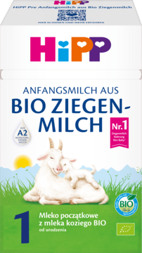 HiPP 1 Mleko początkowe z BIO mleka koziego od urodzenia, białe opakowanie z kozami na zielonej łące, front.