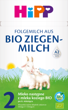 Opakowanie HiPP 2 Mleko następne z mleka koziego BIO po 6. miesiącu, z kozami na zielonej łące.