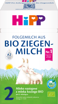 HiPP 2 Mleko następne z mleka koziego BIO, front, biało-zielone opakowanie z kozami i napisem BIO ZIEGEN-MILCH.
