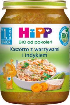 Szklany słoik HiPP BIO Kaszotto z warzywami i indykiem dla dzieci po 1. roku, z etykietą pokazującą danie.