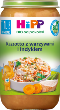 Słoiczek HiPP BIO Kaszotto z warzywami i indykiem, dla juniora po 1 roku, z miską dania na etykiecie.