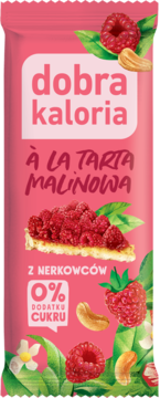 Różowy baton Dobrej Kalorii o smaku tarty malinowej z nerkowcami, 0% cukru, widok z przodu.