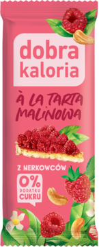Różowy baton Dobrej Kalorii o smaku tarty malinowej z nerkowcami, 0% cukru, widok z przodu.