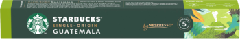 Opakowanie kawy Starbucks Single-Origin Guatemala Nespresso, ciemnozielone z białym logo i tekstem.