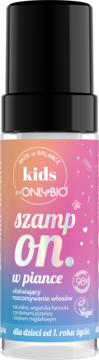 OnlyBio Kids szampon w piance Hair in Balance, butelka z różowo-niebieskim gradientem, ułatwia rozczesywanie.