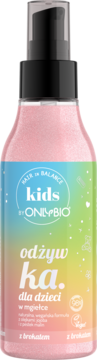 Hair in Balance Kids odżywka w mgiełce, różowa z brokatem, w przezroczystej butelce z kolorową etykietą, widok z przodu.