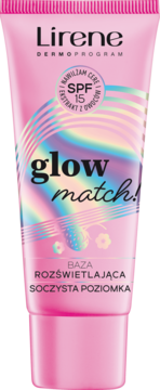 Różowa tubka Lirene Glow Match! Baza Rozświetlająca Soczysta Poziomka SPF 15, z holograficznym wzorem, widok z przodu.