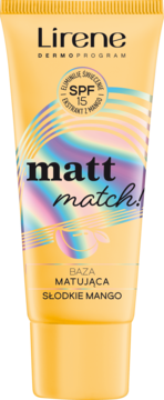 Baza matująca Lirene Matt Match! Słodkie Mango w żółtej tubie, z filtrem SPF 15, widok z przodu.