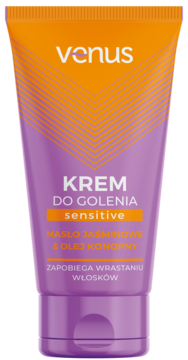Krem do golenia Venus Sensitive jaśminowo-konopny, fioletowo-pomarańczowa tubka z białym logo, widok z przodu.