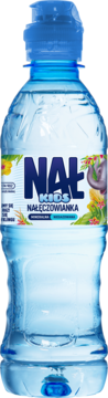 Nałęczowianka Kids, woda mineralna w butelce z niebieskim korkiem, z etykietą ze słoniem i liśćmi, widok z przodu.