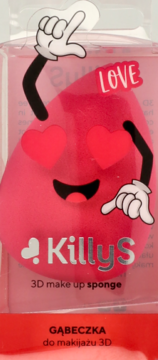 Killys 3D make up sponge: różowa gąbeczka z serduszkami zamiast oczu, widok z przodu w opakowaniu.