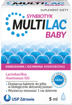 Opakowanie suplementu Multilac Baby Synbiotyk w białym pudełku, z różowo-niebieskimi detalami, widok z przodu, 5ml.