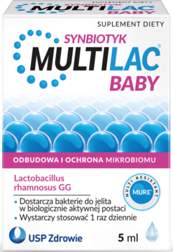 Opakowanie suplementu Multilac Baby Synbiotyk w białym pudełku, z różowo-niebieskimi detalami, widok z przodu, 5ml.