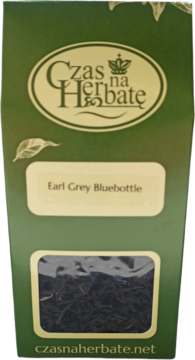 Zielone opakowanie herbaty Czas na Herbatę Earl Grey Bluebottle, z widocznymi czarnymi liśćmi i niebieskimi płatkami.