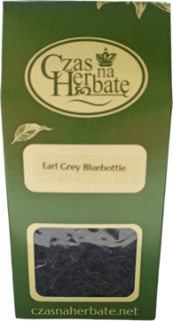 Zielone opakowanie herbaty Czas na Herbatę Earl Grey Bluebottle, z widocznymi czarnymi liśćmi i niebieskimi płatkami.