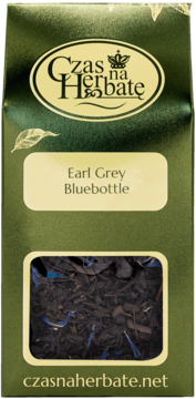 Ciemnozielona torebka czarnej herbaty liściastej Earl Grey Bluebottle, z widocznymi niebieskimi płatkami.