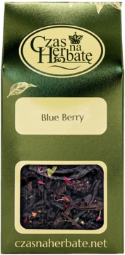Zielone opakowanie herbaty Czas na Herbatę Blue Berry z okienkiem, w środku czarna herbata liściasta z dodatkami.