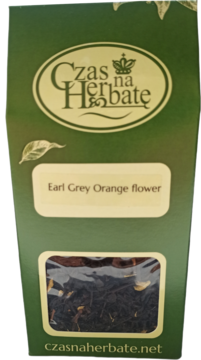 Opakowanie herbaty liściastej Earl Grey Orange flower, zielone, z okienkiem pokazującym susz, widok z przodu.