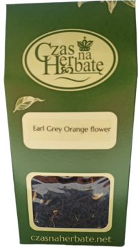 Opakowanie herbaty liściastej Earl Grey Orange flower, zielone, z okienkiem pokazującym susz, widok z przodu.