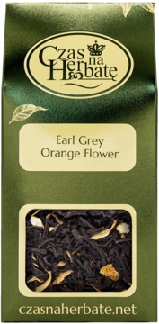 Zielona torebka herbaty Earl Grey Orange Flower, z okienkiem pokazującym czarną herbatę i suszoną pomarańczę.