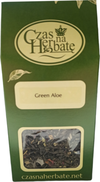 Zielona herbata liściasta Czas na Herbatę Green Aloe w zielonym opakowaniu z przezroczystym okienkiem.