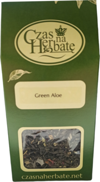 Zielona herbata liściasta Czas na Herbatę Green Aloe w zielonym opakowaniu z przezroczystym okienkiem.