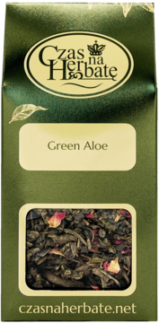 Zielona herbata liściasta Green Aloe Czas na Herbatę, zielona torebka z okienkiem ukazującym susz z płatkami róży.