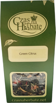 Zielone opakowanie herbaty zielonej liściastej Green Citrus, widok z przodu, z oknem na liście i owoce.