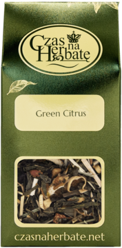 Ciemnozielona torebka herbaty Czas na Herbatę Green Citrus. Widok z przodu, z zieloną herbatą liściastą i cytrusami.