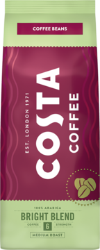 Costa Coffee 500g ziarnista kawa Arabika w różowo-zielonym opakowaniu z napisem Bright Blend, widok z przodu.