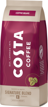 Costa Coffee Signature Blend kawa ziarnista palona, Medium Roast, bordowo-beżowa torba, widok z przodu.